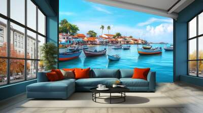 A vibrant coastal scene featuring colorful boats docked in serene blue waters, surrounded by palm trees and picturesque buildings under a bright sky. Wall mural