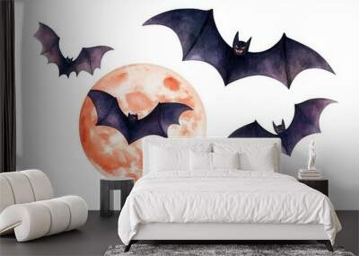 A watercolor illustration of bats flying against a full moon, showcasing a haunting yet beautiful night scene. Wall mural