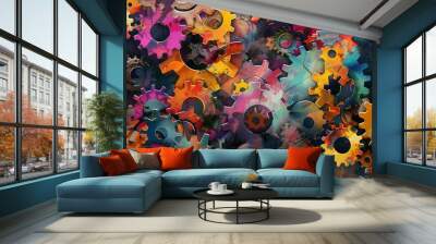 Abstract background with a complex network of colorful cogs and gears. Wall mural