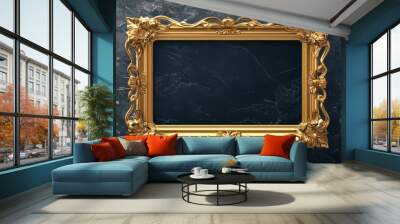 An ornate golden picture frame set against a dark marble background, emphasizing elegance and classic design with a blank interior for showcasing art or photos. Wall mural