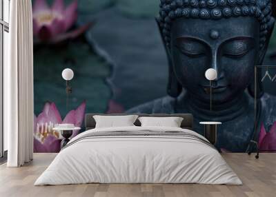 a Buddha statue surrounded by lotus flowers, creating an atmosphere of tranquility and mindfulness Wall mural