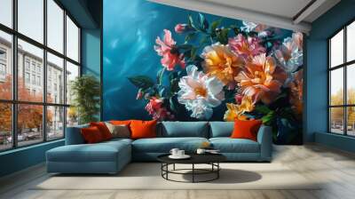 Vibrant floral painting showcasing a harmonious blend of colors and intricate details, celebrating nature's beauty. Wall mural