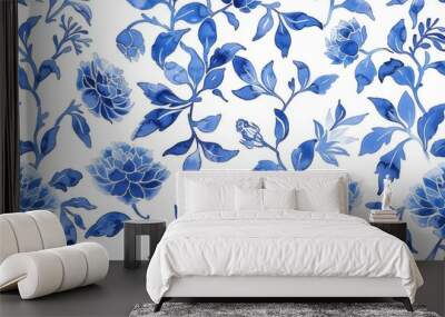 Watercolor Seamless pattern with blue and white Wall mural