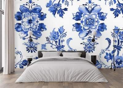 Watercolor Seamless pattern with blue and white Wall mural