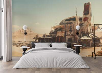 3d illustration of a sci-fi outpost on a desert planet with advanced futuristic architecture under a clear sky. Futuristic Wasteland. Illustration Wall mural