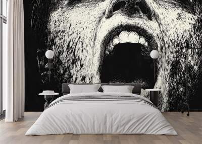 A close-up drawing of a screaming face in pointillist style. Pointillist Portrait. Illustration Wall mural