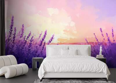 A field of lavender at sunrise with a soft painterly style. background. Lavender Fields. Illustration Wall mural