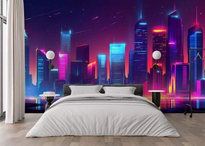 A futuristic city skyline at night with glowing bars and data. Futuristic. Illustration Wall mural