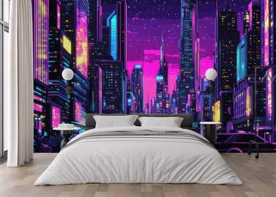 A futuristic cityscape featuring towering skyscrapers with neon lights, set in a victorian. Victorian Street Scene. Illustration Wall mural