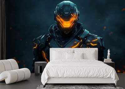 A futuristic robot figure in sleek dark metallic armor with glowing orange accents stands in a dimly lit environment and a helmet with a glowing visor. Futuristic Armor. Illustration Wall mural