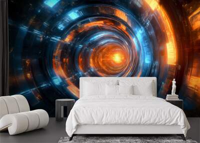 A glowing blue and orange steampunk time vortex tunnel. Steampunk. Illustration Wall mural