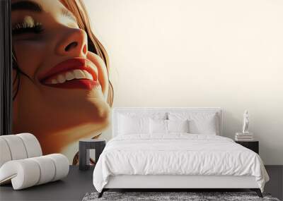 A horizontal format of a young smiling woman with space for copy in a glamour-themed, photorealistic illustration in jpg. generative ai. High Fashion. Illustration Wall mural