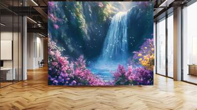 A magical waterfall in a wonderfully fantastic flowering landscape, banner made with generative ai. Waterfall. Illustration Wall mural