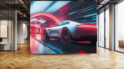 A modern car navigates through a futuristic tunnel filled with sleek design and technological marvels. Futuristic Vehicle. Illustration Wall mural