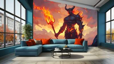 A muscular devil with flaming horns, clutching a burning trident and standing in front of a hellish landscape. Lava Kingdom. Illustration Wall mural