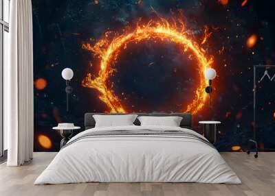 A mystical circle illuminated by fiery orange flames, set against a dark, enchanted background, evoking magic and mystery. Magic Circle Ritual. Illustration Wall mural