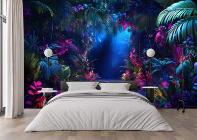 A neon jungle themed night club stage in illuminated with bright neon lights and decorated with artificial plants and flowers for a lively ambiance. Artificial Jungle. Illustration Wall mural