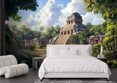 A panoramic view of the el caracol observatory at chichen itza, with the ancient ruins surrounded by jungle. Mayan Observatory. Illustration Wall mural