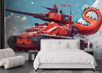 A red robot with a dragon on its back is riding a tank. Dragon Rider. Illustration Wall mural