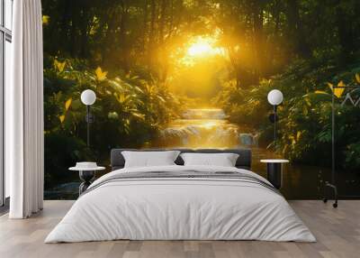 A river in the forest with the sun shining on it green forest and forest stream at sunset. Amazon Rainforest. Illustration Wall mural