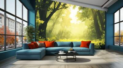 A serene forest with sunlight filtering through the trees, gentle mist, and lush greenery, illustration background. Serene. Illustration Wall mural