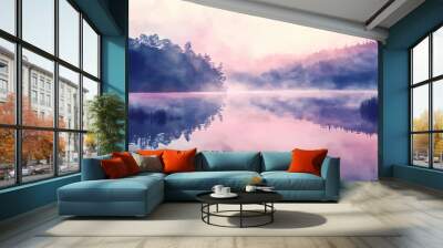 A serene landscape at dawn, with morning mist hanging over a calm lake in a watercolor style. Serene. Illustration Wall mural