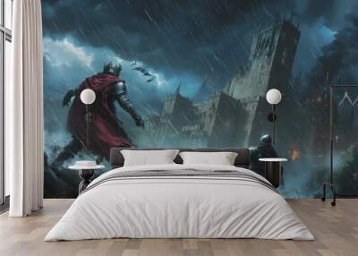 A sorcerer and a knight locked in combat during a violent storm castle ruins in the background. Sorcerer. Illustration Wall mural