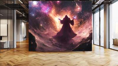 A sorcerer summoning cosmic energy in the void of space. Sorcerer. Illustration Wall mural