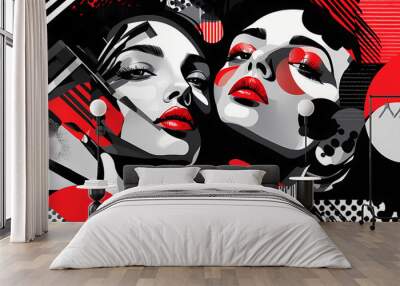 A striking pop art portrait depicting two women's faces with bold black and red colors, abstract patterns, and geometric elements. Pop Art. Illustration Wall mural