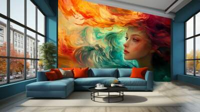 A whimsical siren emerges from a colorful abyss, her gaze captivating amidst the surreal, swirling environment. ai generation. Siren. Illustration Wall mural