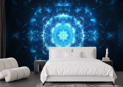 Abstract blue glowing background with circular shapes and lightning effects, symmetrical composition generative ai. Symmetrical. Illustration Wall mural