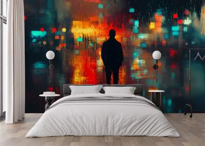 Abstract blurred silhouette of a man in rain on night street in impessionist style. concept of lonely modern city for a poster, for music album or book cover. Lost City. Illustration Wall mural