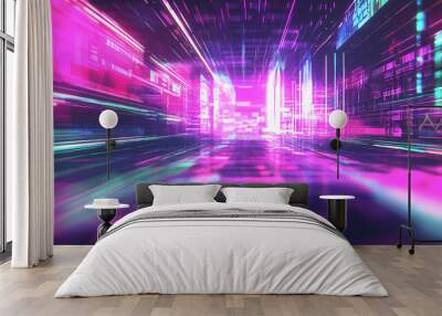 Abstract purple, pink, and green background with digital distorted motion glitch effect - rave aesthetic and neon techno colors in retro futurism and webpunk style. Retro Futurism. Illustration Wall mural