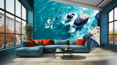 Aerial view of the ocean rocky shore. Rocky Shore. Illustration Wall mural