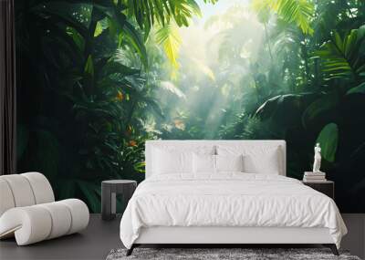 Ai generated. ai generative. exotic tropical rainforest jungle forest green fresh landscape. asia adventure explore tour. graphic art. Tropical Rainforest. Illustration Wall mural