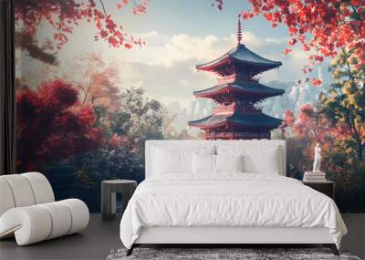 Ai generated. ai generative. traditional history asian japanese chinese temple building tower garden nature outdoor background. graphic art. Temple. Illustration Wall mural