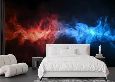 An abstract depiction of nebula smoke fire in red and blue light isolated on a black background, embodying the concept of versus, competition, and fight. Cool Colors. Illustration Wall mural