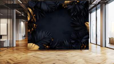 An abstract frame of black and gold palm leaves and tropical leaves, harmonizing with nature in a junglepunk style. Chiaroscuro. Illustration Wall mural