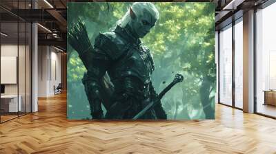 An elf warrior with two swords in armor with blades and a bow behind his back stands in the forest. digital drawing style, 2d illustration. Elf. Illustration Wall mural