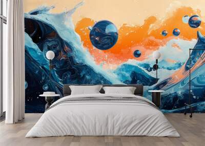 An expansive panoramic landscape composed of abstract liquid forms and floating bubbles in a surreal blend of blues and oranges. Surreal. Illustration Wall mural