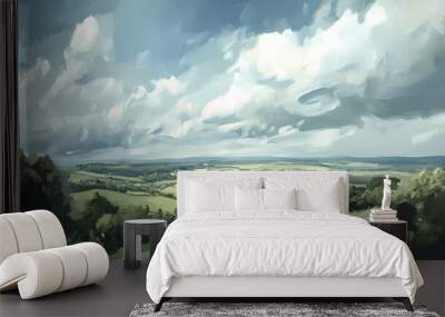 An oil painting of an english countryside view with a cloudy sky and muted green colour tone. Oil Painting. Illustration Wall mural