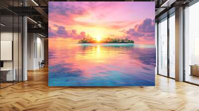 An ultra hd view of a nature coral atoll at sunrise, the sky glowing with vibrant colors and the water reflecting the light. Coral Atoll. Illustration Wall mural