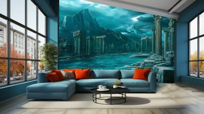 Ancient atlantis ruins fantasy stone structures dramatic stormy sky majestic mountains turquoise waters create mythical lost city atmosphere. Lost Atlantis. Illustration Wall mural