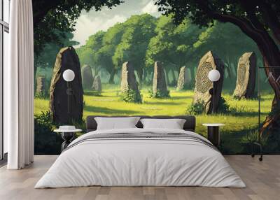 Ancient celtic druid grove with ancient stone circles. Druid Grove. Illustration Wall mural