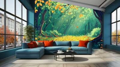 Artistic composition showcasing a lush green forest with fallen leaves and tree branches. Forest. Illustration Wall mural