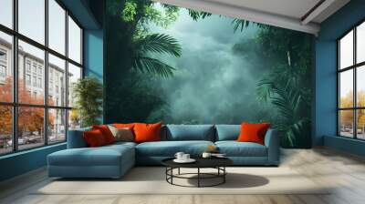 Background deep forest tropical jungles of southeast asia with fog. mystical amazon banner fantasy backdrop, realistic nature rainforest. Amazon Rainforest. Illustration Wall mural