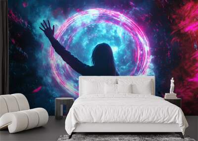 Between worlds fantasy concept. a women reaching up into a glowing loop of light. futuristic women portrait 3d illustration. Fantasy. Illustration Wall mural