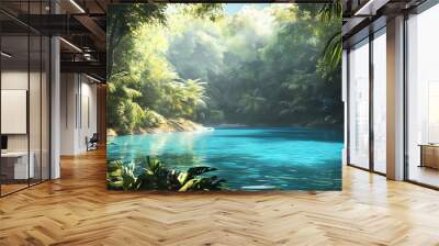 Blue lagoon hidden in tropical forest, digital illustration. Tropical Lagoon. Illustration Wall mural