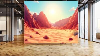 Cartoon illustration of a sunny desert canyon landscape with red rocks, mountains, and sand dunes. concept of heat, arid climate, and natural beauty. Sunny Desert Canyon. Illustration Wall mural