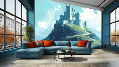 Castle on a hill. Sky Castle. Illustration Wall mural